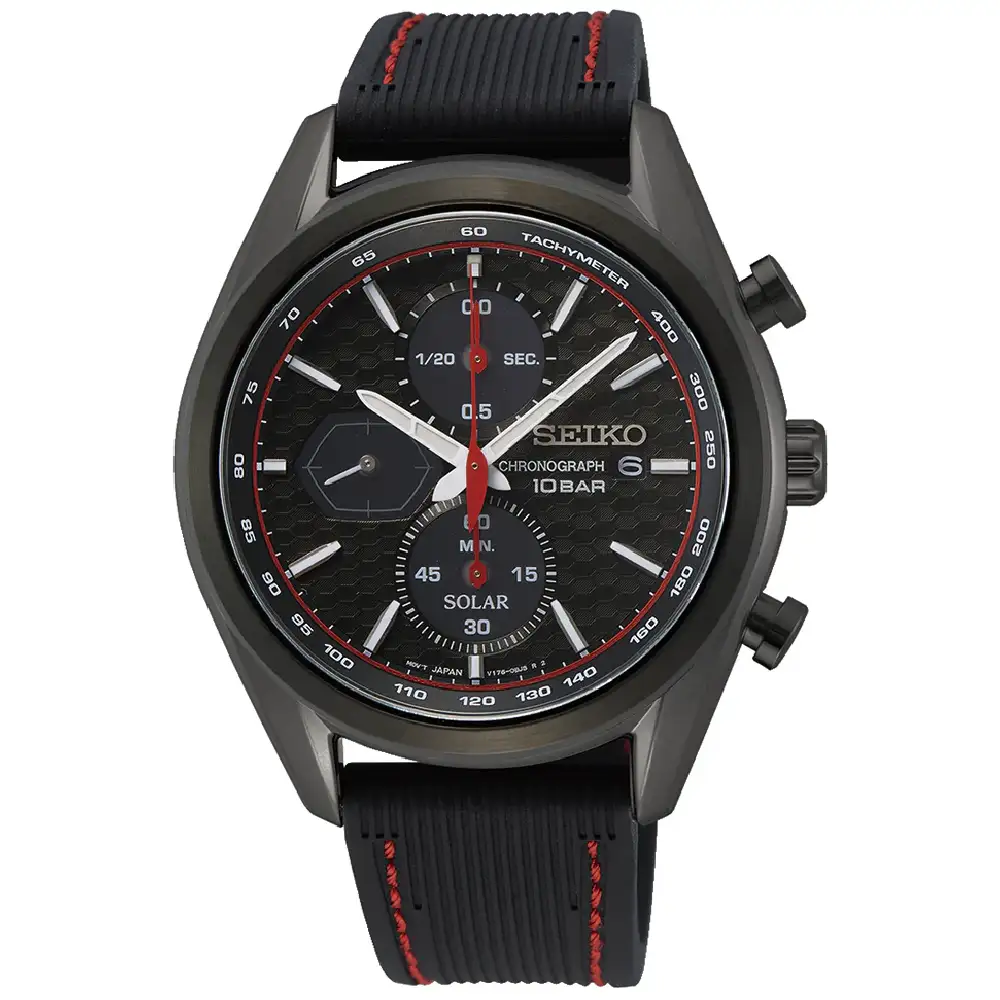 Seiko Solar Chronograph Watch for Men - 41.4mm Stainless Steel Case, Black Dial, Black Silicone Strap, Sapphire Crystal, 100m Water Resistant - SSC777P1