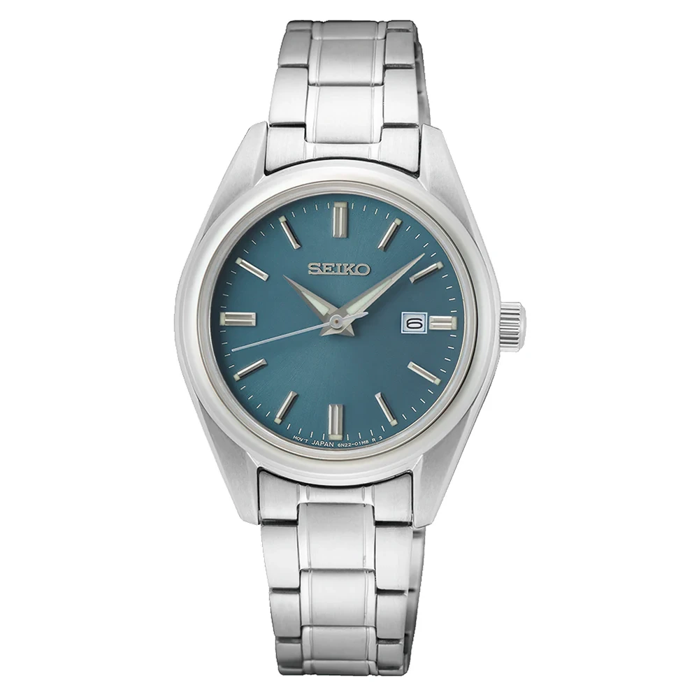 Seiko Womens Teal Dial Quartz Watch with 29.8mm Stainless Steel Case and Bracelet, Date Display - SUR531P1