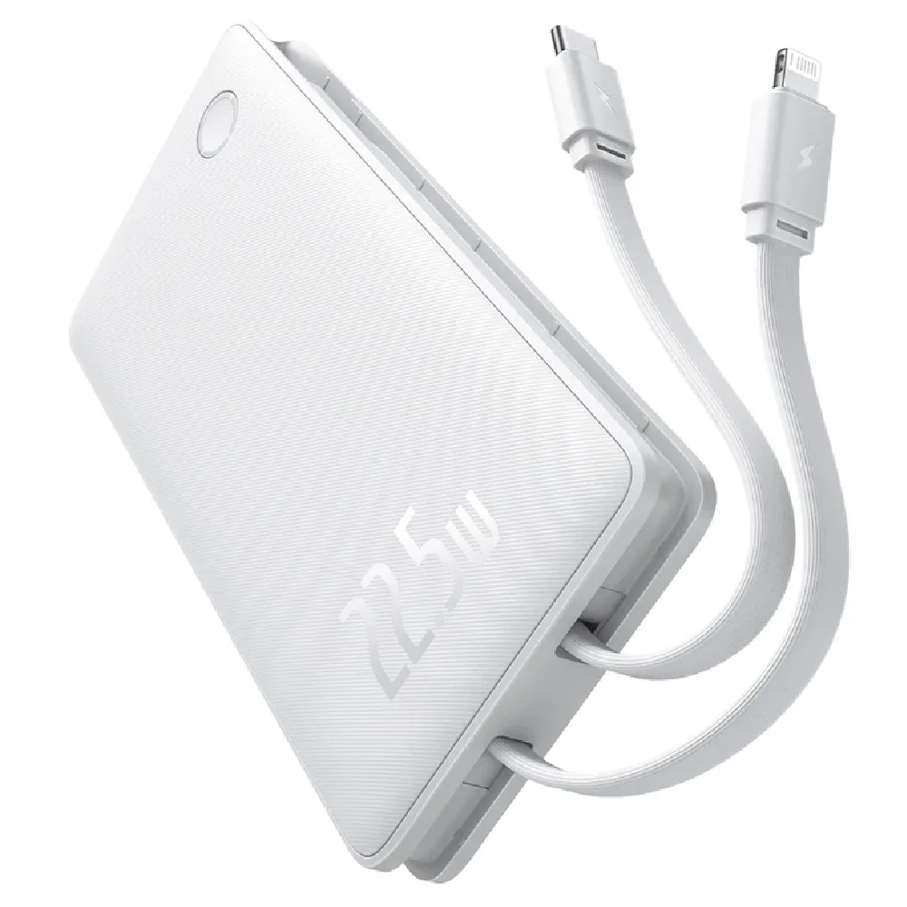 Baseus AirPow Lite 10000mAh 22.5W Power Bank with Integrated Cables (Lightning + USB-C), QC and PD Support for iPhone, Samsung, and More (White) - BA.P10067501213-00.WT