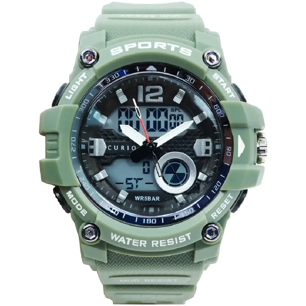 Curio Kids Analog Digital Watch - 55mm Green ABS Case, Black Dial, Green Plastic Strap, 30m Water Resistant - CU-2129GAD-10