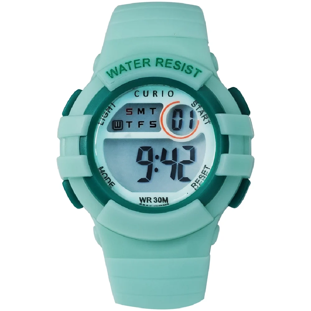 Curio Kids Digital Watch - 34mm Green ABS Case, Grey Dial, Green Plastic Strap, 30m Water Resistant - CU-8206L-6