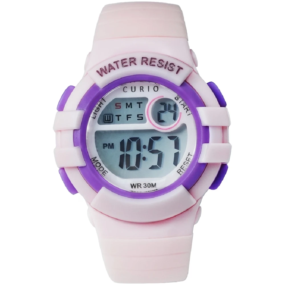 Curio Kids Digital Watch - 34mm Pink ABS Case, Grey Dial, Pink Plastic Strap, 30m Water Resistant - CU-8206L-4