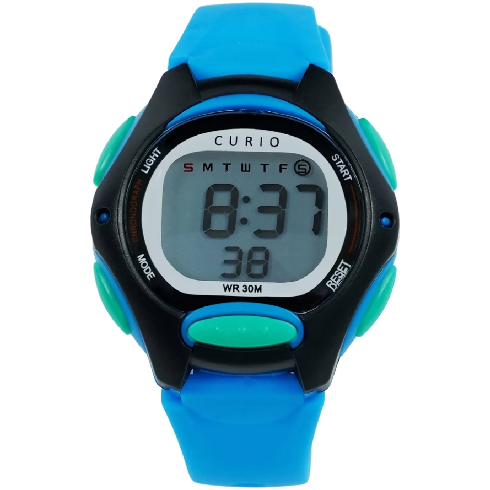 Curio Kids Digital Watch - 35mm Black ABS Case, Grey Dial, Blue Plastic Strap, 30m Water Resistant - CU-8207L-5