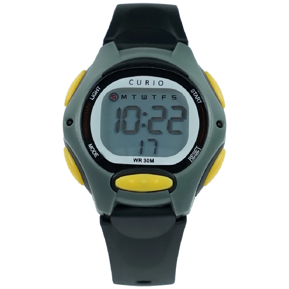 Curio Kids Digital Watch - 35mm Grey ABS Case, Grey Dial, Black Plastic Strap, 30m Water Resistant - CU-8207L-2
