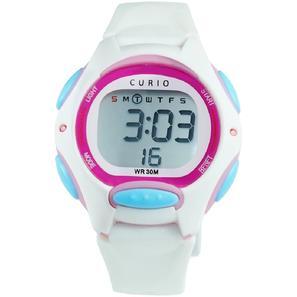 Curio Kids Digital Watch - 35mm White ABS Case, Grey Dial, White Plastic Strap, 30m Water Resistant - CU-8207L-4