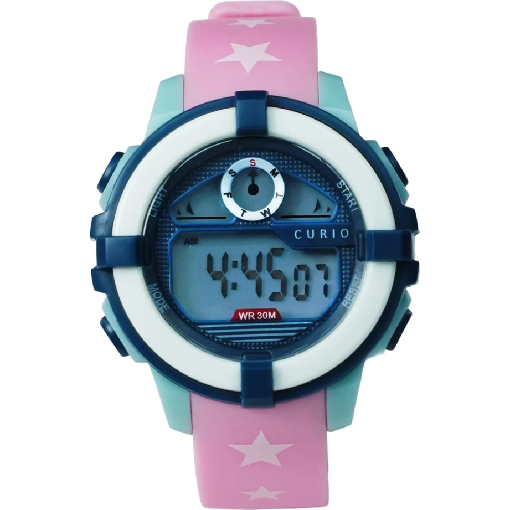 Curio Kids Digital Watch - 36mm Green ABS Case, Grey Dial, Pink Plastic Strap, 30m Water Resistant - CU-8210L-5