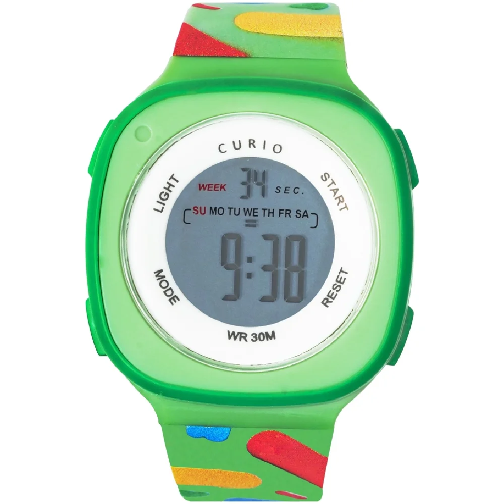 Curio Kids Digital Watch - 37mm Green ABS Case, Grey Dial, Green Plastic Strap, 30m Water Resistant - CU-2207LK-5