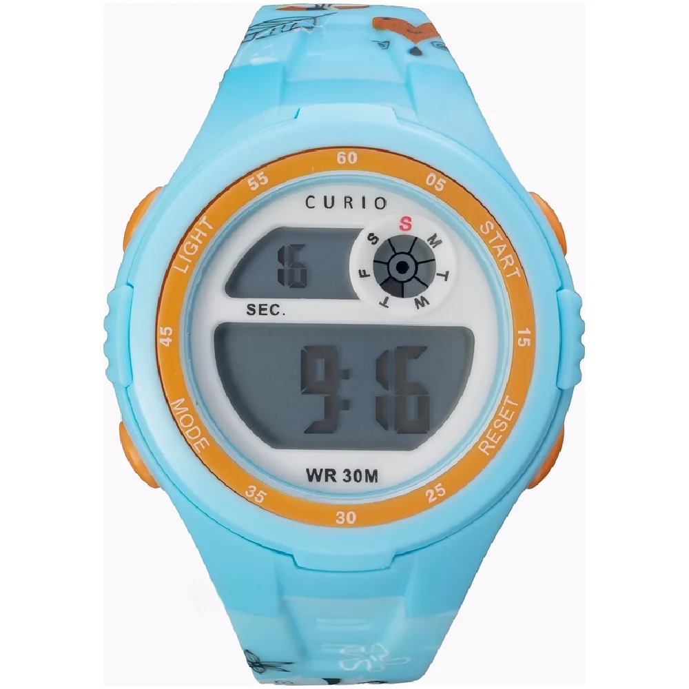 Curio Kids Digital Watch - 38mm Blue ABS Case, Grey Dial, Blue Plastic Strap, 30m Water Resistant - CU-2117LK-9
