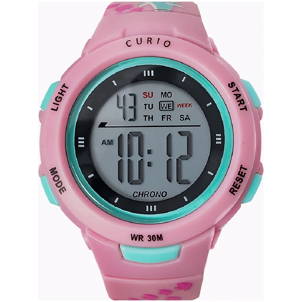 Curio Kids Digital Watch - 41mm Pink ABS Case, Grey Dial, Pink Plastic Strap, 30m Water Resistant - CU-8217LK-10