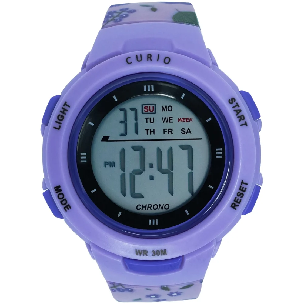 Curio Kids Digital Watch - 41mm Purple ABS Case, Grey Dial, Purple Plastic Strap, 30m Water Resistant - CU-8217LK-11