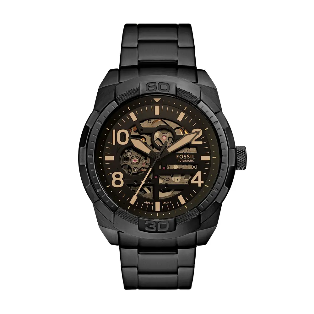 Fossil Bronson Mens Black Satin Dial Automatic Watch, 48mm Black Stainless Steel Case & Bracelet, Mineral Crystal, 5 ATM Water Resistant - ME3256