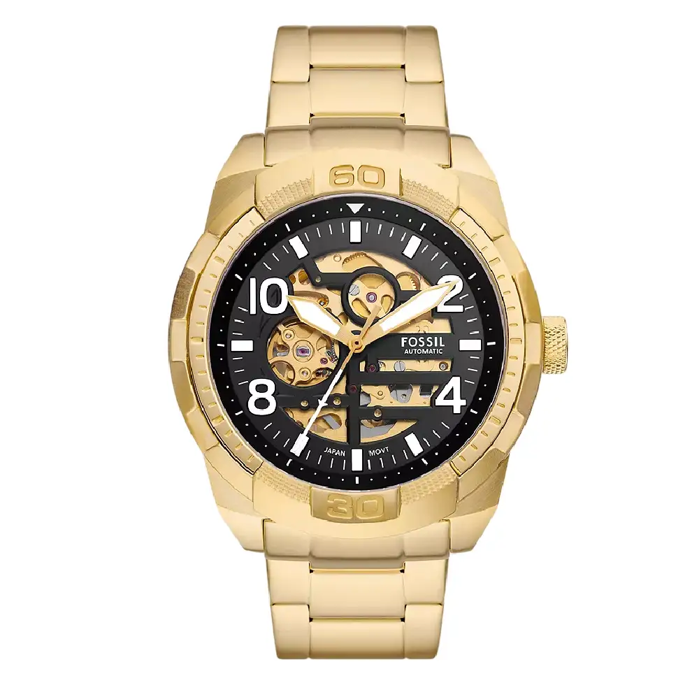 Fossil Bronson Mens Black Satin Dial Automatic Watch, 48mm Gold-Tone Stainless Steel Case & Bracelet, Mineral Crystal, 5 ATM Water Resistant - ME3257