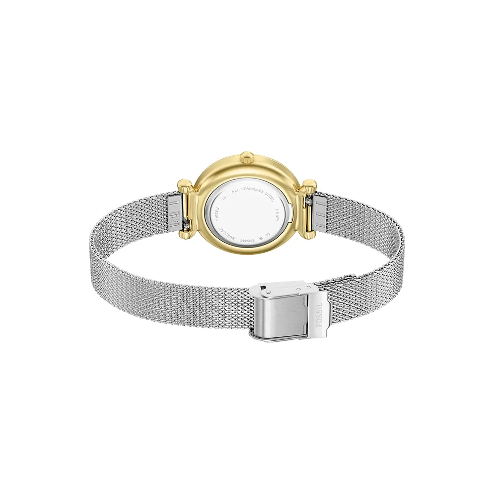 Fossil Carlie Mini Womens Mother of Pearl Dial Three-Hand Quartz Watch, 28mm Gold-Tone Stainless Steel Case, Silver Mesh Bracelet, Mineral Crystal, 5 ATM Water Resistant - ES5463 - Image 3