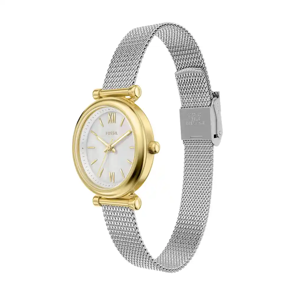 Fossil Carlie Mini Womens Mother of Pearl Dial Three-Hand Quartz Watch, 28mm Gold-Tone Stainless Steel Case, Silver Mesh Bracelet, Mineral Crystal, 5 ATM Water Resistant - ES5463 - Image 5