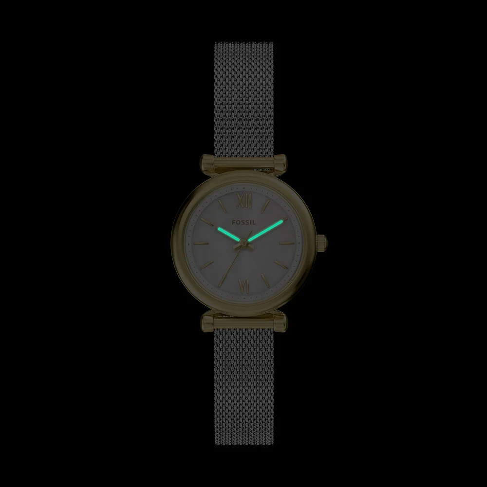 Fossil Carlie Mini Womens Mother of Pearl Dial Three-Hand Quartz Watch, 28mm Gold-Tone Stainless Steel Case, Silver Mesh Bracelet, Mineral Crystal, 5 ATM Water Resistant - ES5463 - Image 6