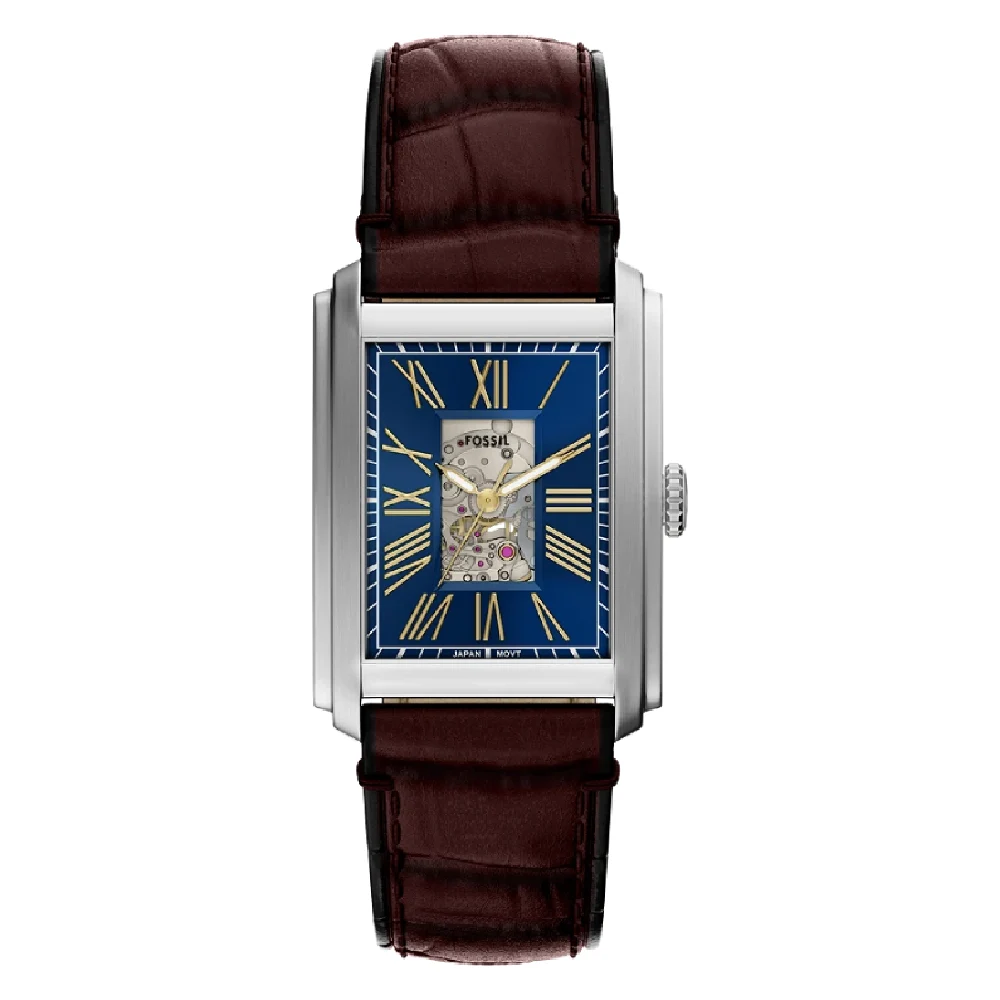 Fossil Carraway Mens Blue Skeleton Dial Automatic Watch, 30mm Silver Stainless Steel Rectangular Case, Brown Croc-Embossed Leather Strap, Mineral Crystal, 5 ATM Water Resistant - ME3273