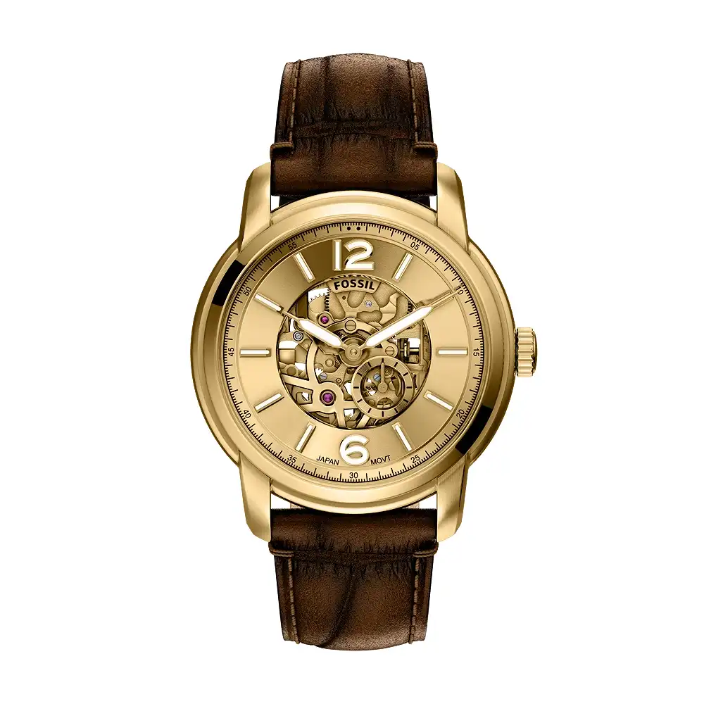 Fossil Heritage Mens Gold Skeleton Dial Automatic Watch, 44mm Gold-Tone Stainless Steel Case, Sapphire Crystal, Brown Embossed Croco Leather Strap, 5 ATM Water Resistant - ME3279