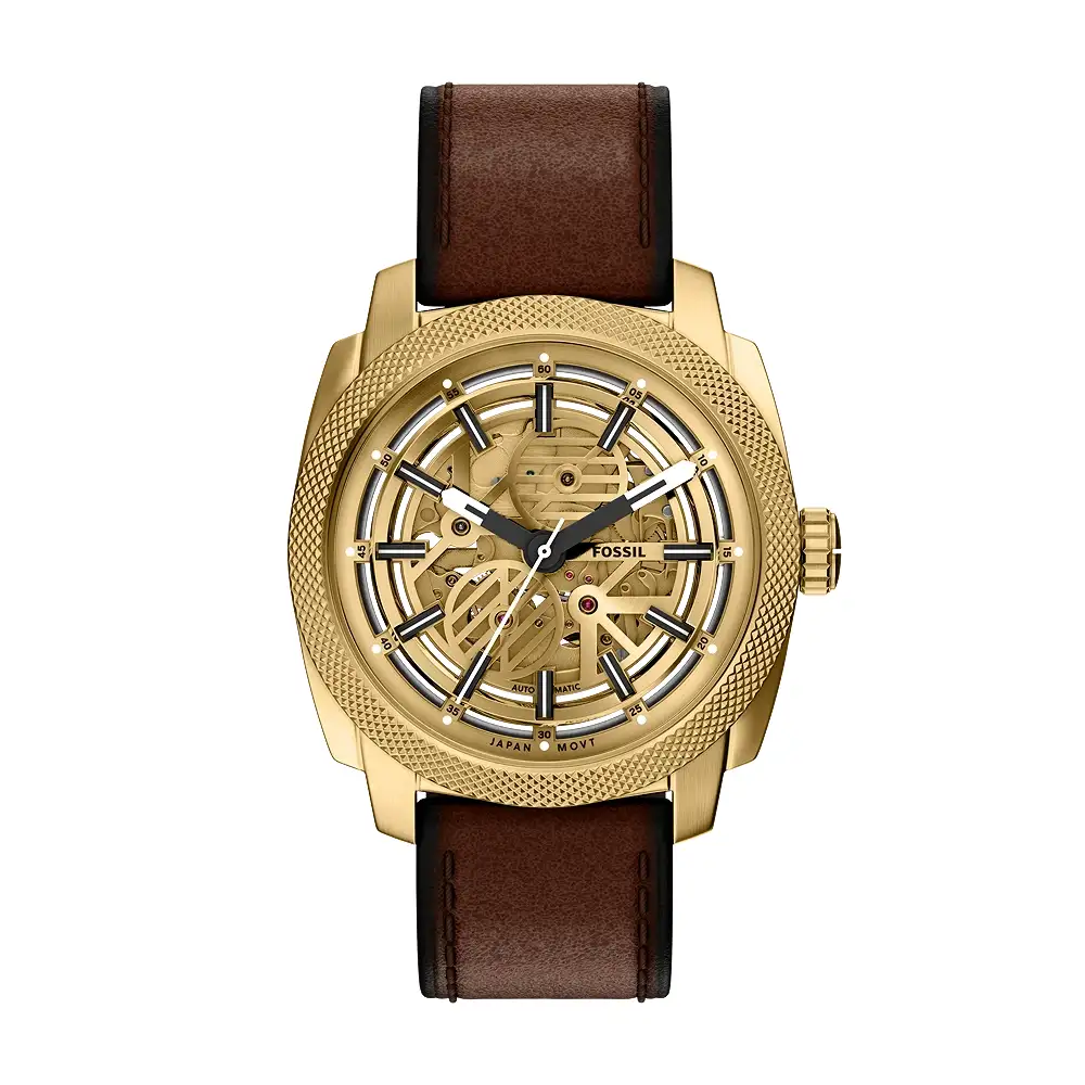 Fossil Machine Mens Gold Brushed Sunray Dial Automatic Watch, 45mm Gold-Tone Stainless Steel Case, Brown Leather Strap, Mineral Crystal, 5 ATM Water Resistant - ME3278