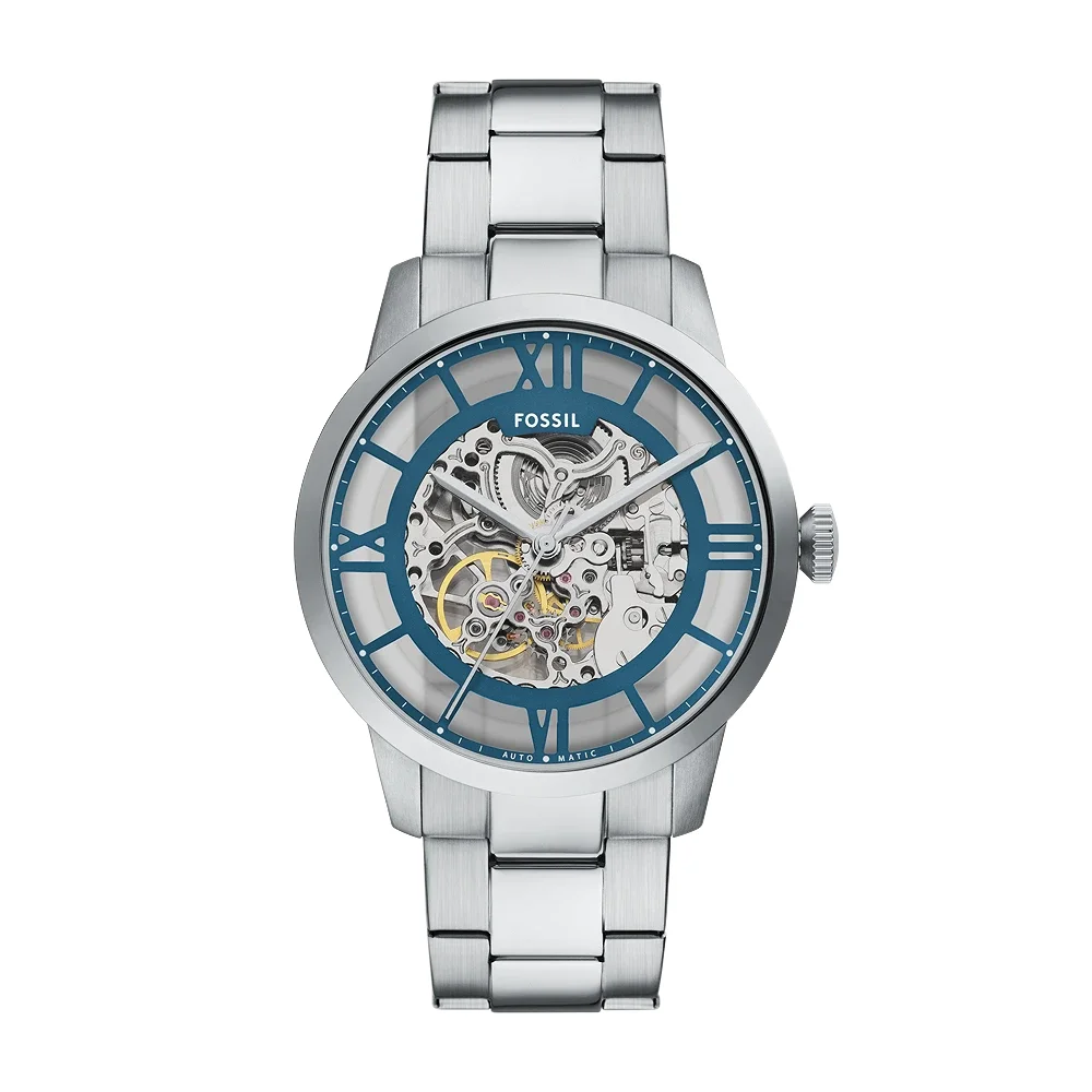 Fossil Townsman Mens Blue Brushed Dial Automatic Watch, 44mm Silver Stainless Steel Case & Bracelet, Mineral Crystal, 5 ATM Water Resistant - ME3260