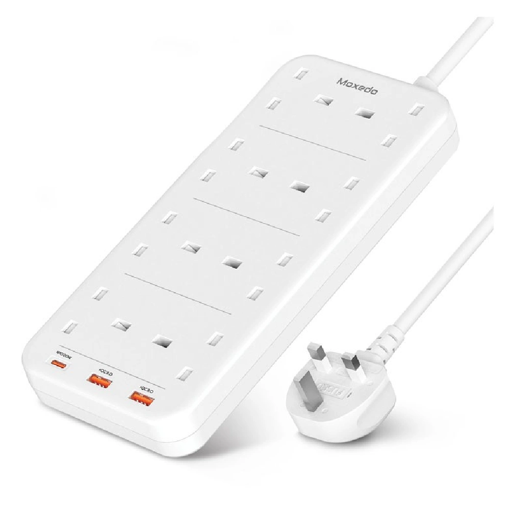 Moxedo 11-Way Power Strip Surge Protector with 8 AC Outlets, 1 USB-C PD Port, 2 USB-A Ports, 20W Fast Charging, 2m Cable, White, MX-PSUK032