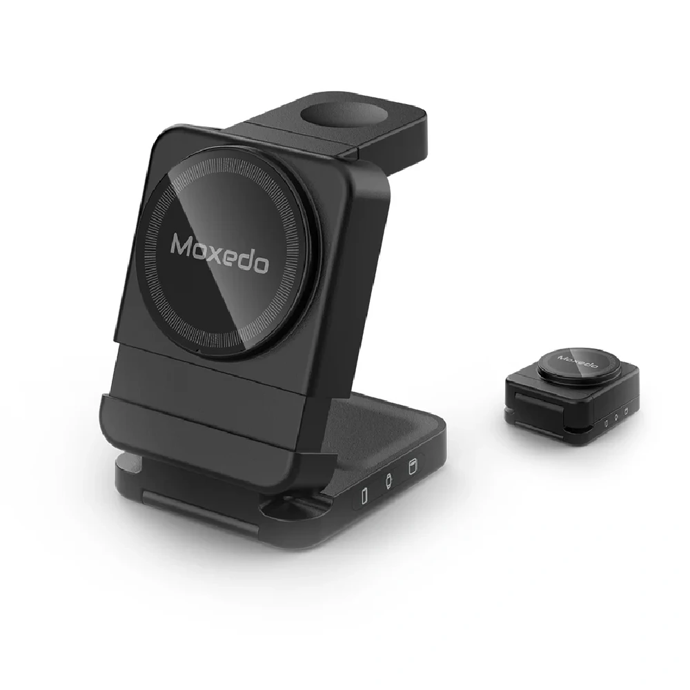 Moxedo 3 in 1 Foldable Wireless Charging Station, 15W Magnetic Charger for iPhone, Apple Watch, Samsung Watch & AirPods, Black - MX-WCS001