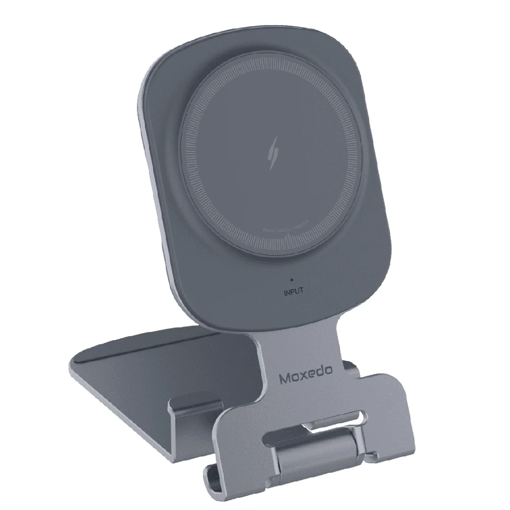 Moxedo 3 in 1 Magnetic Wireless Charging Phone Holder, 15W Foldable Desktop Charger with USB-C Input for iPhone, Apple Watch & AirPods, Silver, MX-CM058