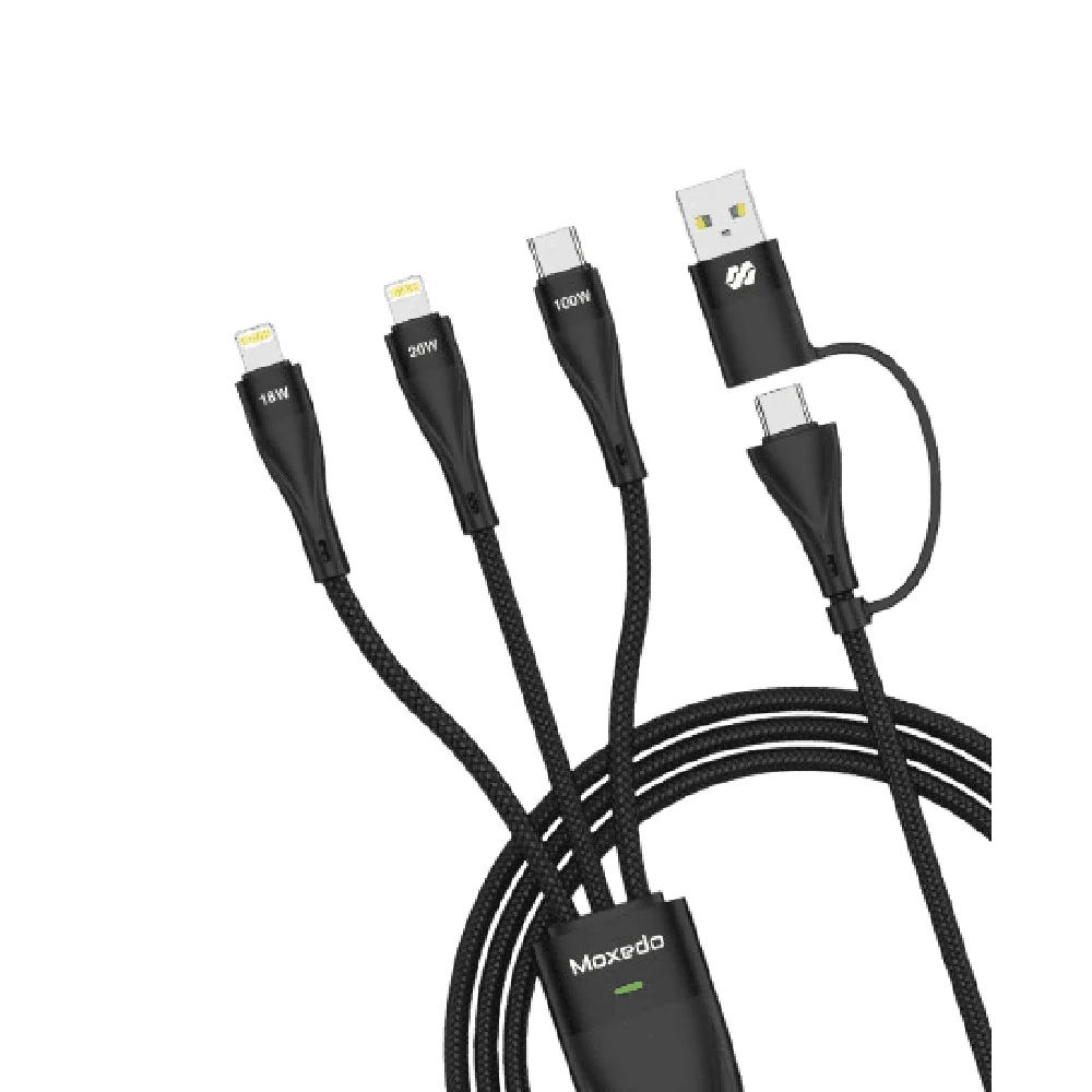 Moxedo 3 in 2 Interchangeable USB-A,USB-C to 2x Lightning & USB-C Fast Charging Cable, 100W, 1.2m Braided, Black, MX-NC052