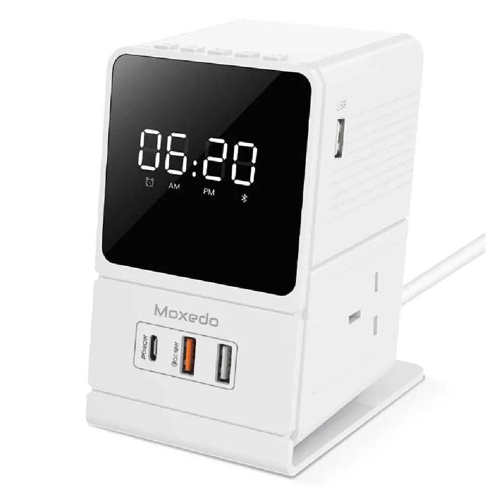 Moxedo 3250W Desktop Charging Hub with 2 AC Sockets, 20W USB-C PD, Bluetooth Speaker & Digital Alarm Clock, White - MX-DCH020-WH