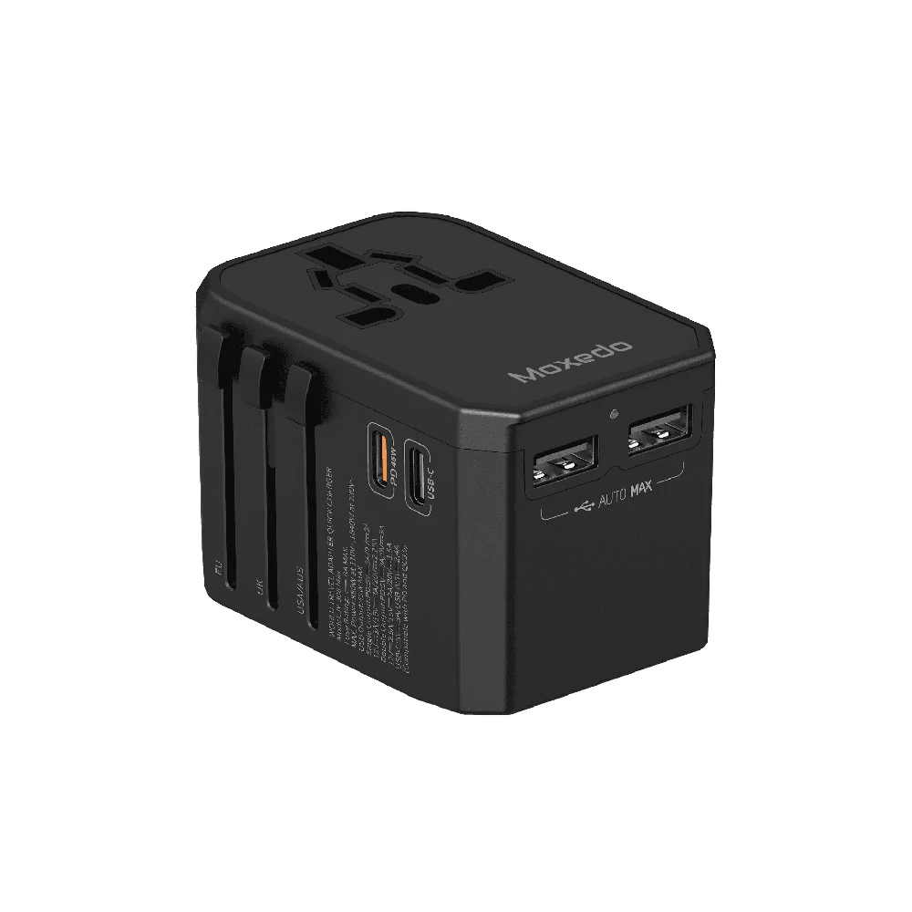 Moxedo 45W Worldwide Travel Adapter with 2 USB-C, 2 USB-A & Universal AC Outlet, PD 3.0 QC 3.0, Black - MX-TA023