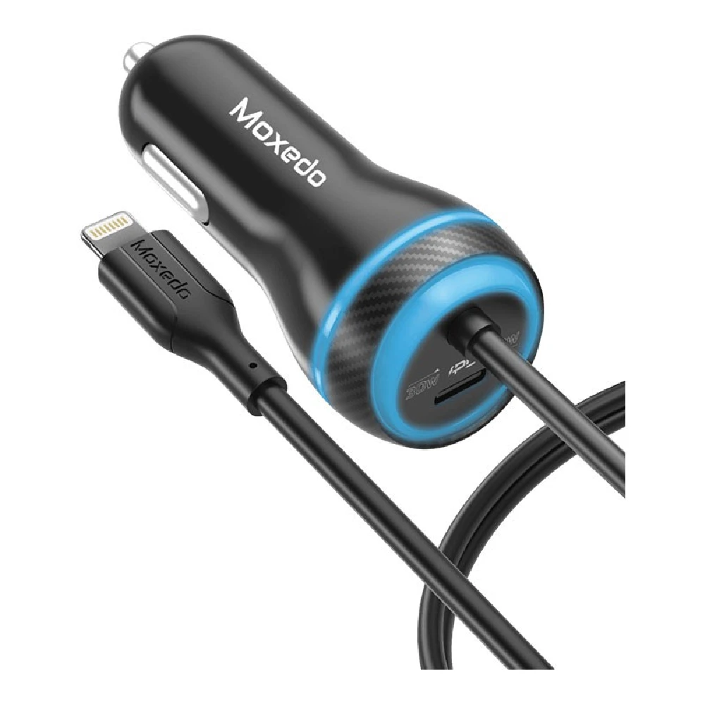Moxedo 60W PD 3.0 Ultra Fast Car Charger with Built-in Lightning Cable & USB-C Port, Compact Fast Charging Adapter for iPhone, Smartphones & Tablets, Black, MX-CC025-L
