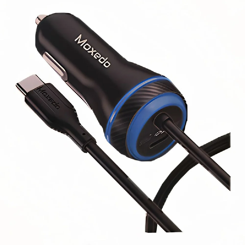 Moxedo 60W Ultra Fast Car Charger with Built-in USB-C Cable & USB-C Charging Port, Compact Fast Charging Car Adapter for Smartphones, Tablets & USB-C Devices, Black, MX-CC025-C