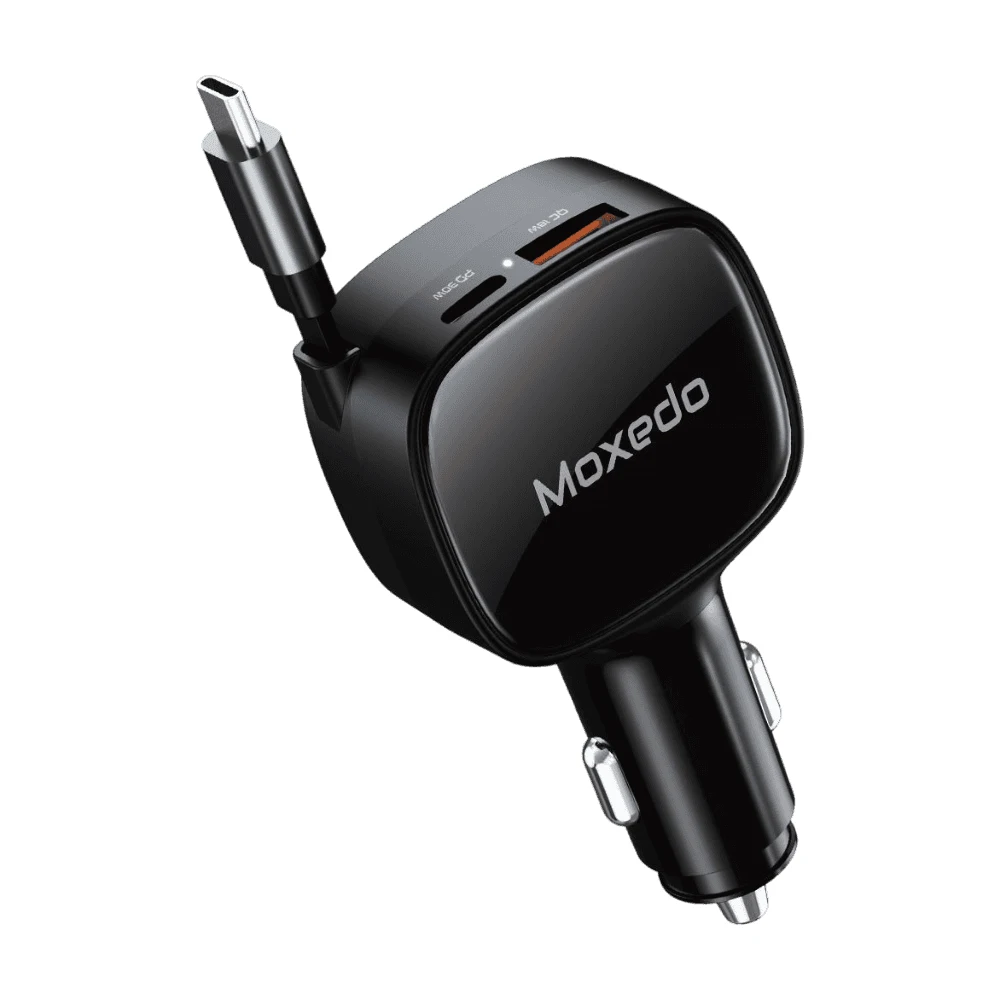 Moxedo 84W Car Charger with Retractable USB-C Cable, USB-C & USB-A Fast Charging, Black -MX-CC031