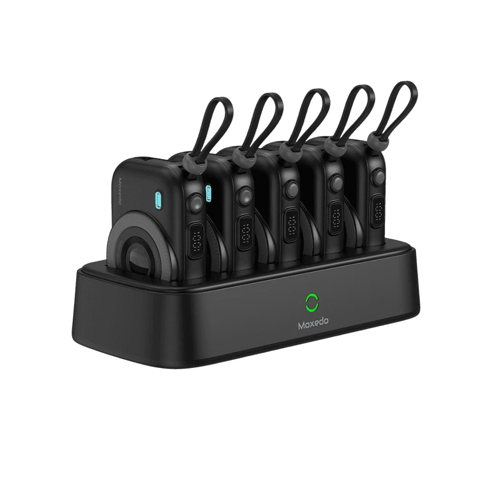 Moxedo Combo 5 x 10000mAh Power Bank with Charging Dock, 22.5W PD Fast Charging, Built-in Type-C & Lightning Cables, LED Display, Black - MX-PBH039-DS