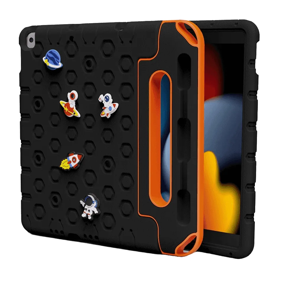 Moxedo EVA Silicone Kids Case Cover with DIY 3D Cartoon Pattern, Pencil Holder & Handle for Apple iPad 10.2inch (9th Gen 2021), Black, MX-RPC013-BK