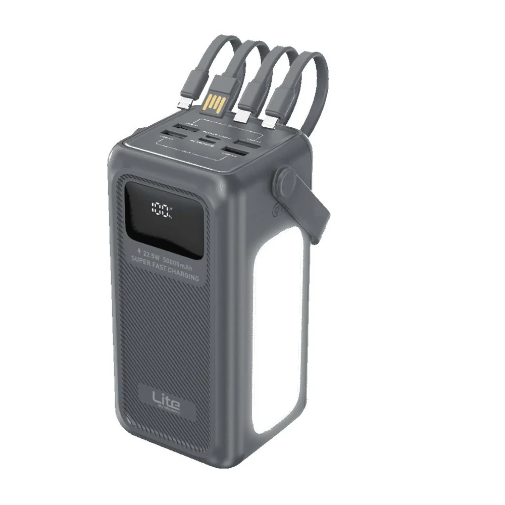 Moxedo Lite 50000mAh Mini Power Station with 22.5W Fast Charging, Built-in Type-C, Micro USB, USB-A & Lightning-Compatible Cables, LED Flashlight, Grey - ML-PB023