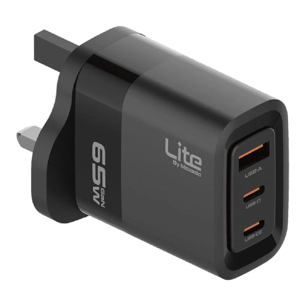 Moxedo Lite 65W GaN Charger with Dual USB-C & USB-A Ports, PD 3.0 Fast Charging Adapter, Black - ML-C013