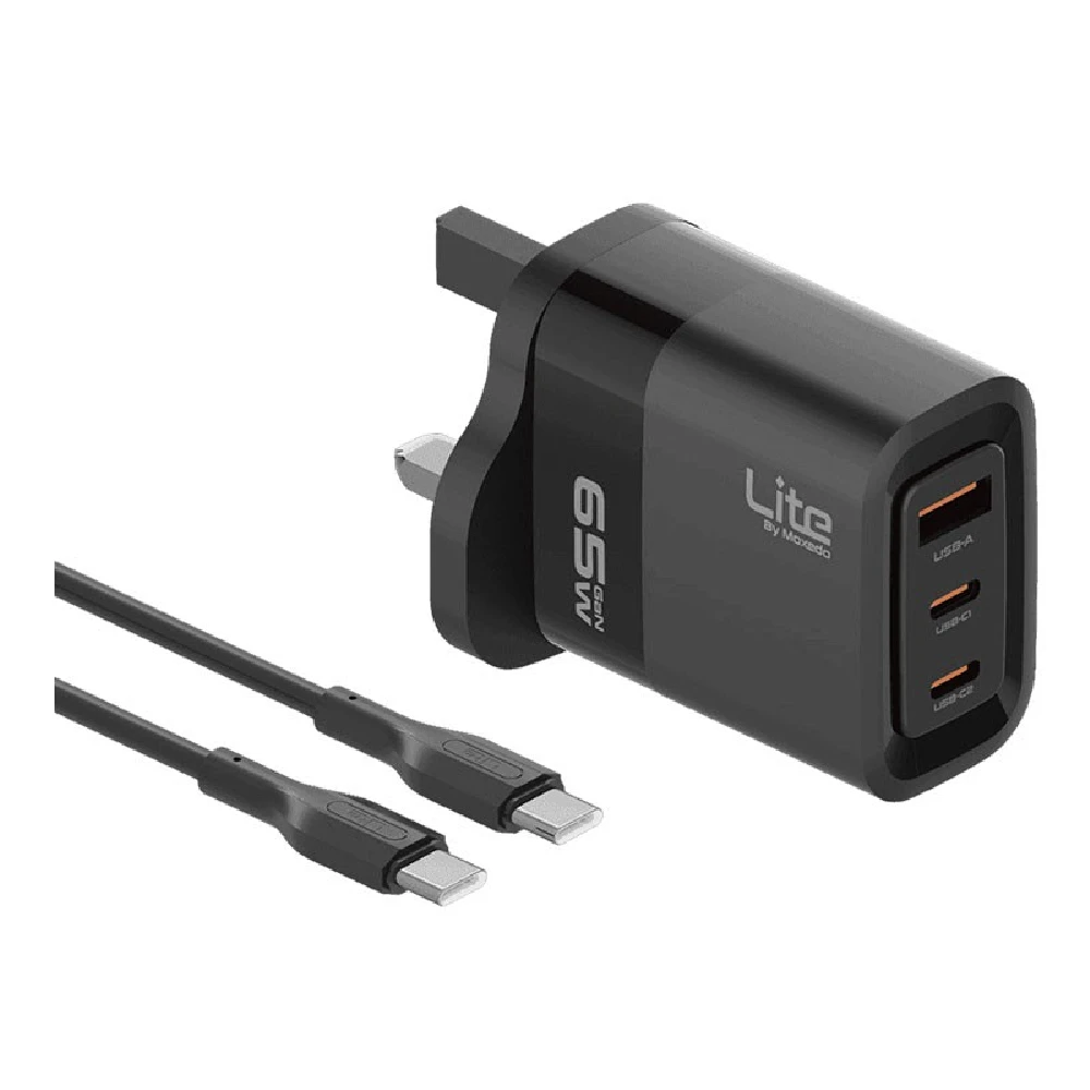 Moxedo Lite 65W GaN Charger with Dual USB-C, USB-A & 1.2m USB-C Cable, PD 3.0 Fast Charging, Black - ML-C013-C