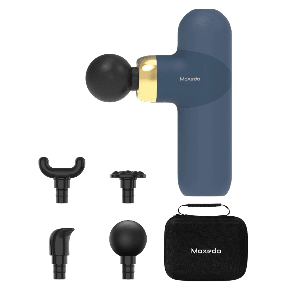 Moxedo Multi-Function Deep Tissue Muscle Massage Gun with 4 Massage Heads, USB-C Rechargeable, 4 Speed Levels, Portable Cordless Percussion Massager, Navy Blue, MX-MSG012-BL