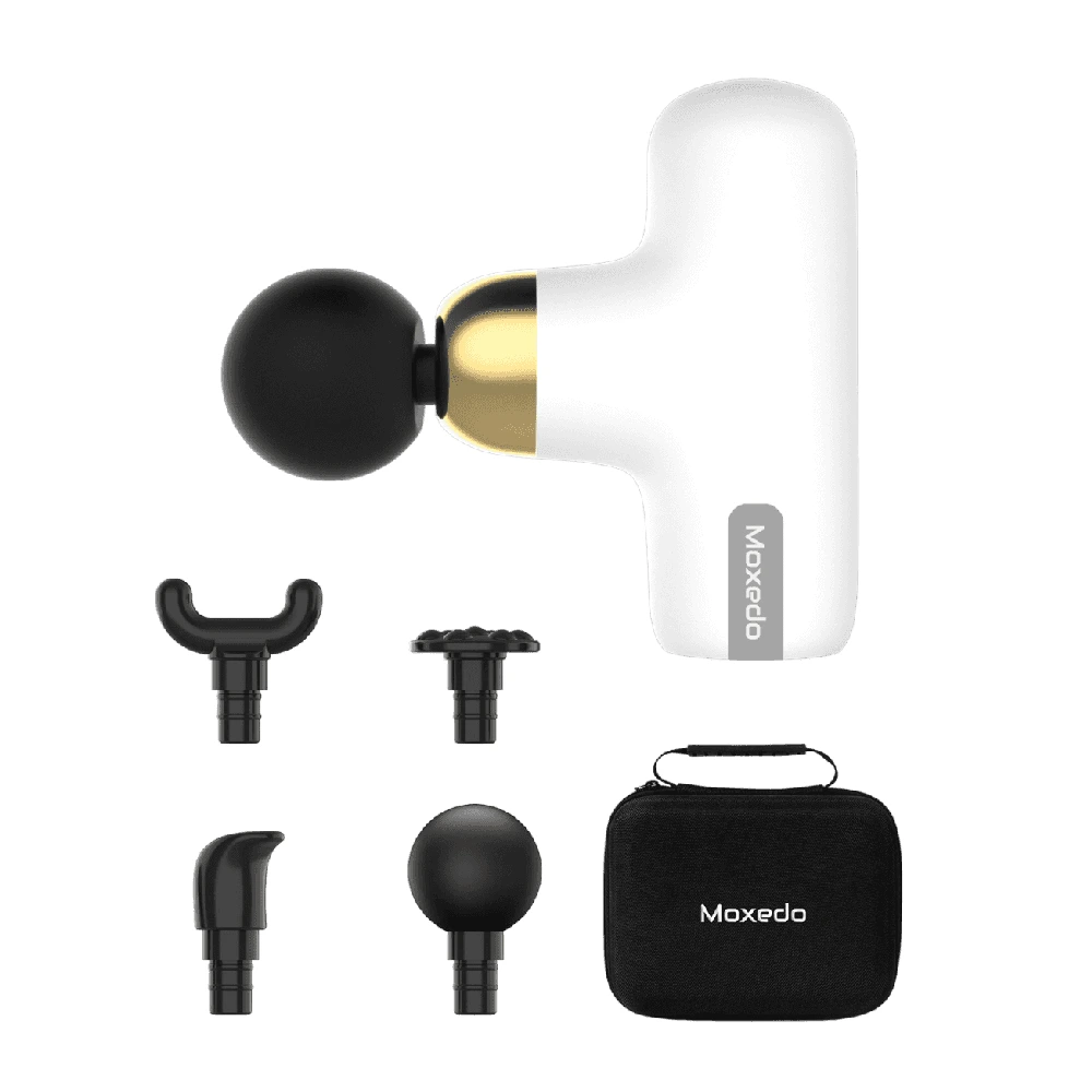 Moxedo Multi-Function Deep Tissue Muscle Massage Gun with 4 Massage Heads, USB-C Rechargeable, 4 Speed Levels, Portable Cordless Percussion Massager, White, MX-MSG011-WH