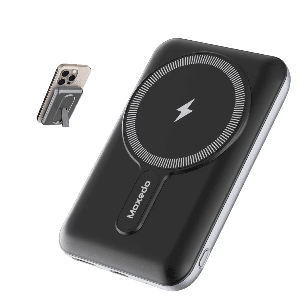 Moxedo Porta-Go 10000mAh 15W Wireless Charging Power Bank with Foldable Stand, 20W PD USB-C & USB-A, MagSafe Compatible, Gray - MX-WPB019