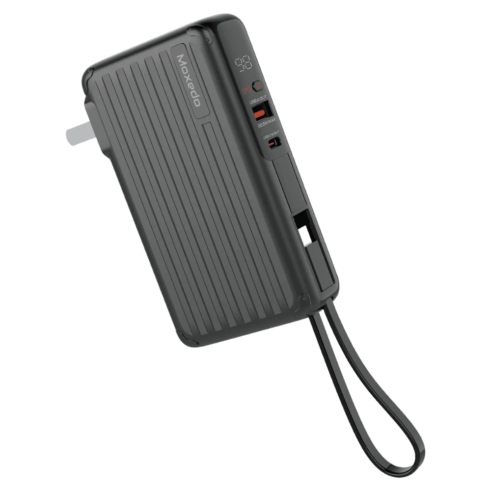 Moxedo Porta-Go 10000mAh 22.5W Power Bank with Foldable Interchangeable AC Plug, Built-in USB-C Cable, Digital Display & 2 Travel Adapters, Black - MX-PB013