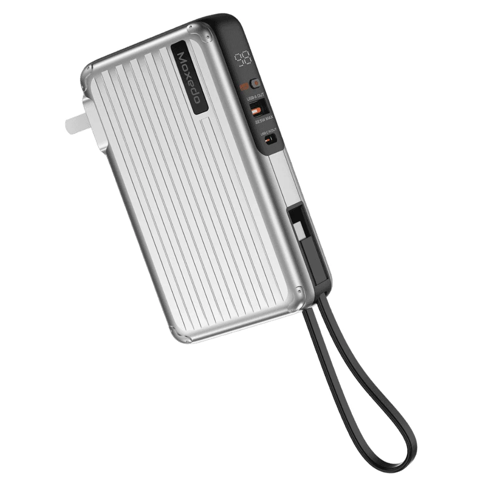 Moxedo Porta-Go 10000mAh 22.5W Power Bank with Foldable Interchangeable AC Plug, Built-in USB-C Cable, Digital Display & 2 Travel Adapters, Silver - MX-PB014