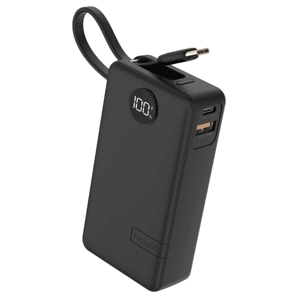 Moxedo Porta-Go+ 10000mAh Power Bank with Built-in USB-C Cable, PD Fast Charging, USB-C & USB-A Ports, LED Display, Black - MX-PB017-BK