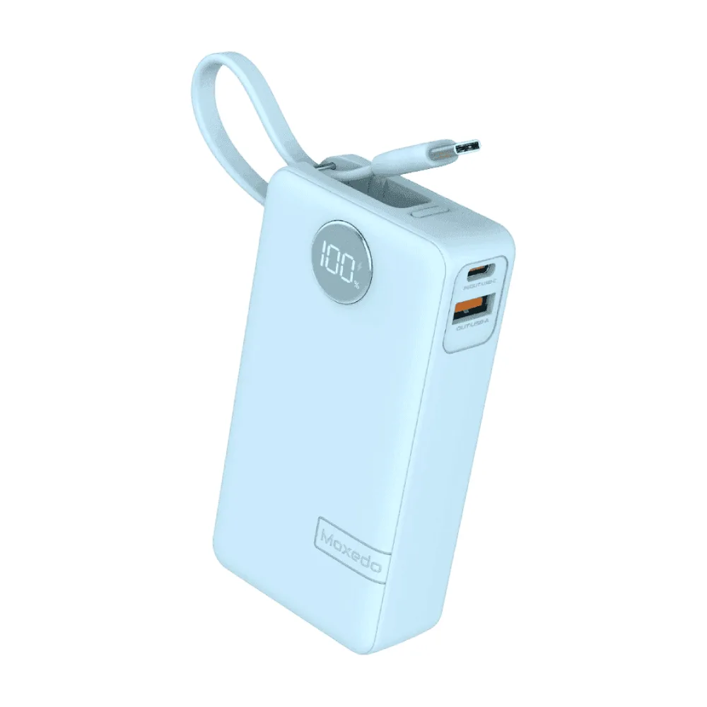 Moxedo Porta-Go+ 10000mAh Power Bank with Built-in USB-C Cable, PD Fast Charging, USB-C & USB-A Ports, LED Display, Blue - MX-PB017-BL