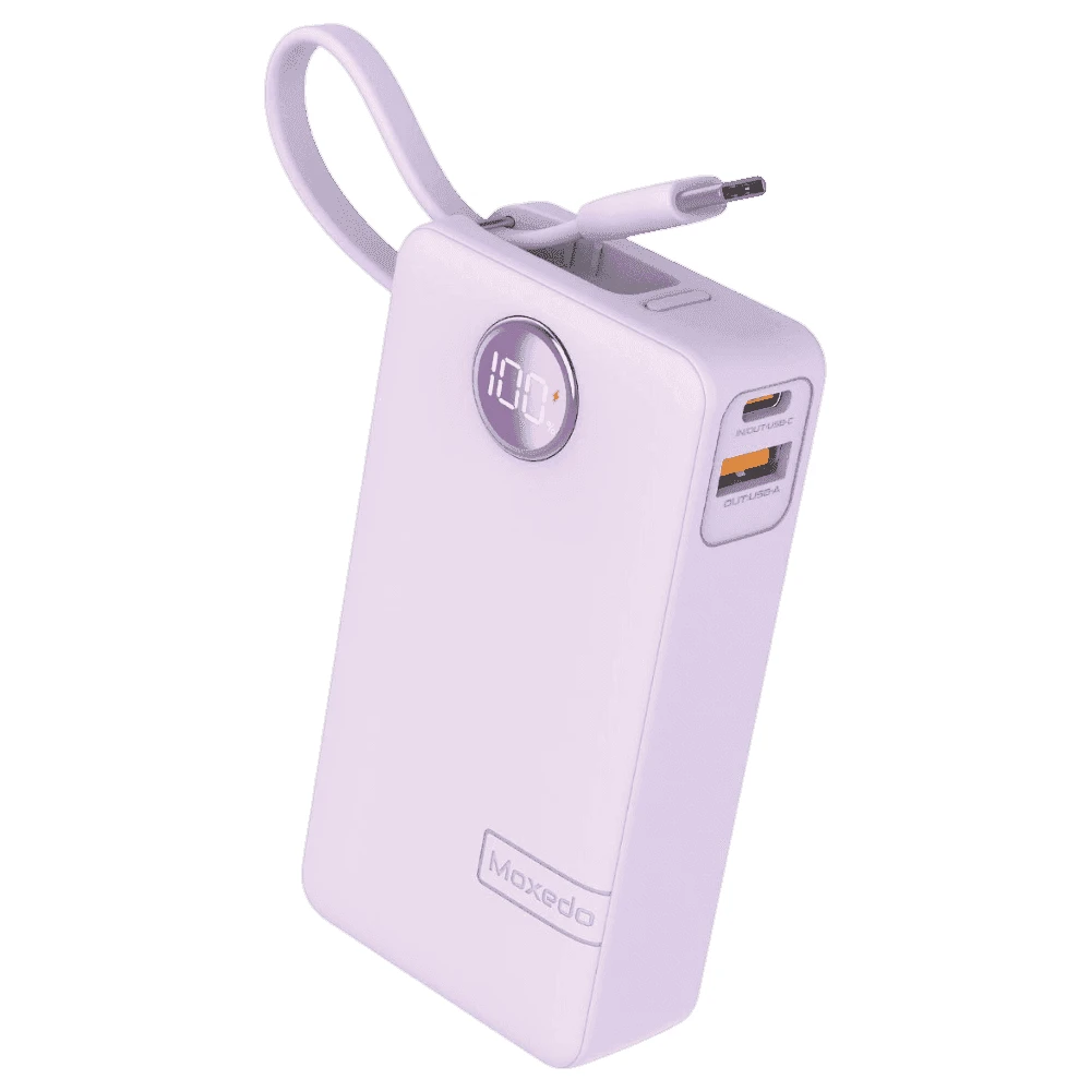 Moxedo Porta-Go+ 10000mAh Power Bank with Built-in USB-C Cable, PD Fast Charging, USB-C & USB-A Ports, LED Display, Purple - MX-PB017-PL