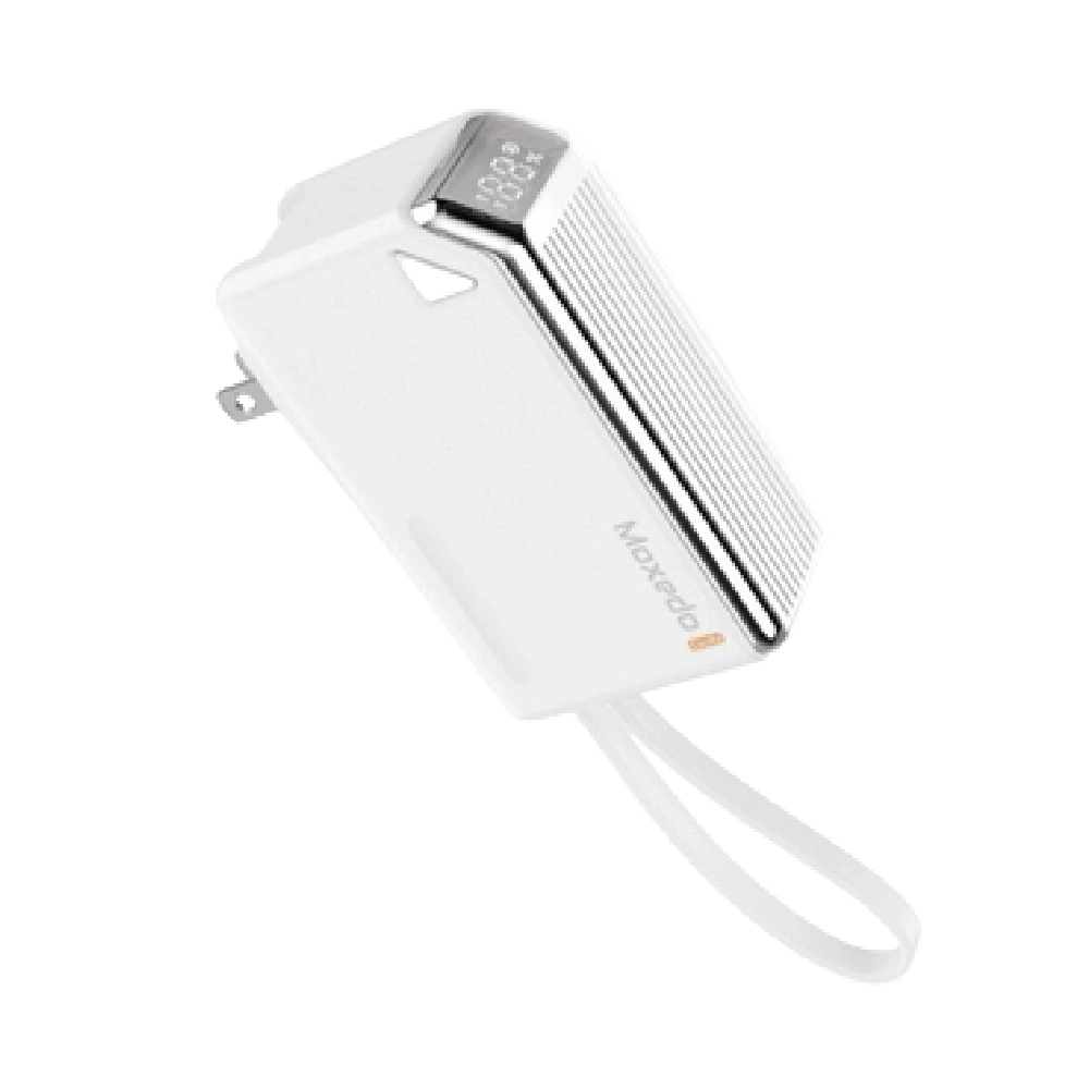 Moxedo Porta-Go 5000mAh 22.5W Power Bank with Foldable Interchangeable AC Plug, Built-in USB-C Cable & 2 Travel Adapters, White - MX-PB016