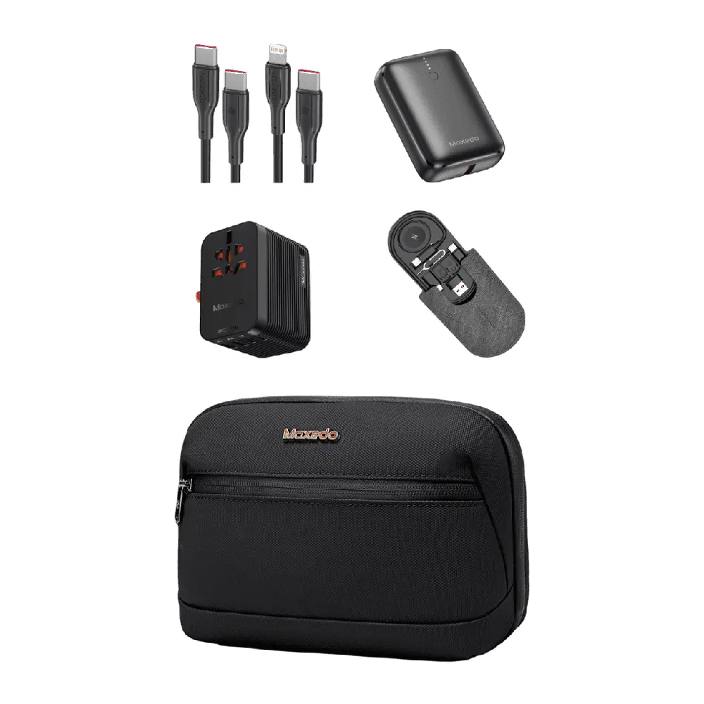 Moxedo Portable Tech Accessories Travel Organizer Bag with 10,000mAh Power Bank, 35W GaN Travel Adapter, Charging Kit, 2 Charging Cables, Double-Layer Waterproof Storage Case, Black, MX-PAB014