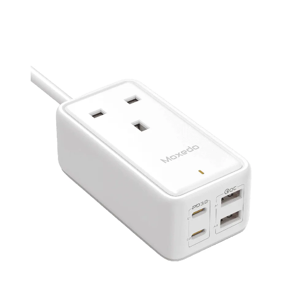 Moxedo Smart-Plug 65W GaN III Tech Extension Cord with 1 AC Outlet, 2 USB-C, 2 USB-A, 2m Cable, White - MX-PSUK034