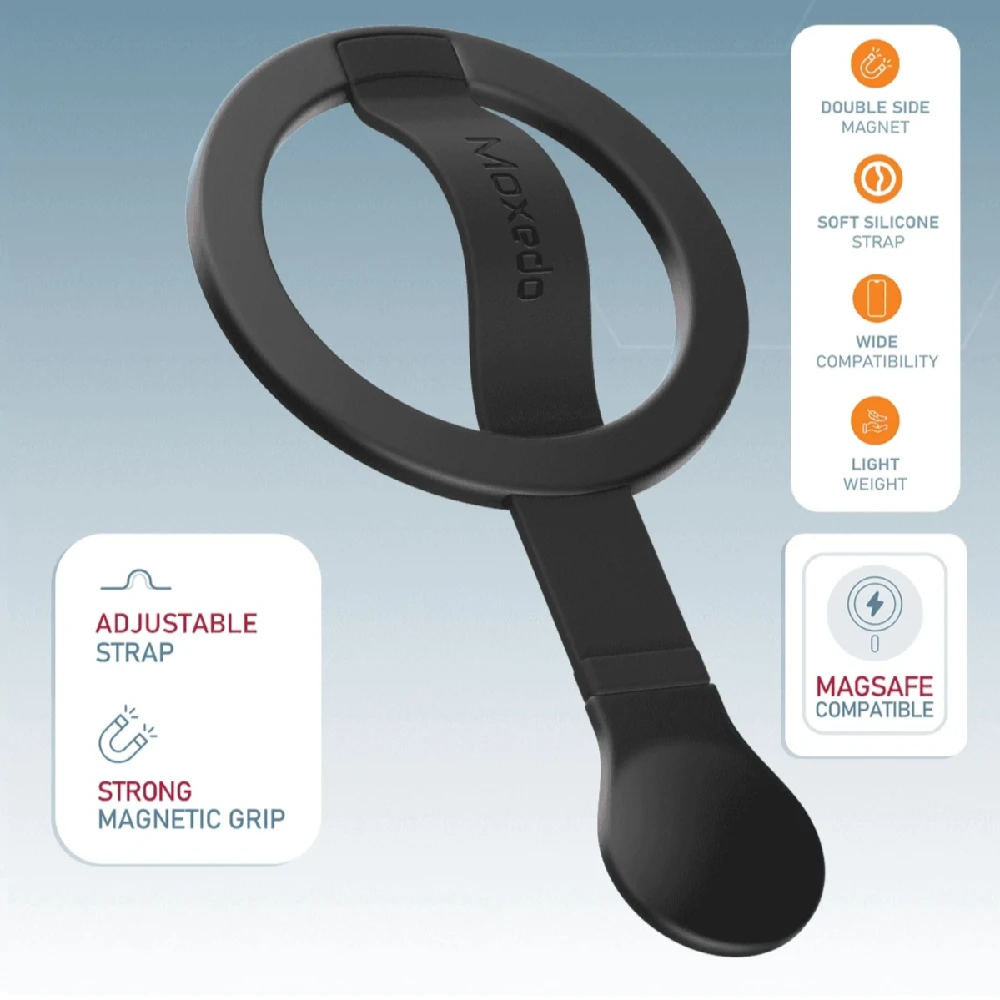 Moxedo Snap-On Magnetic Phone Grip with N52 Magnets, 360 Degree Rotating Loop Grip, MagSafe Compatible, Black - MX-DSR021-BK