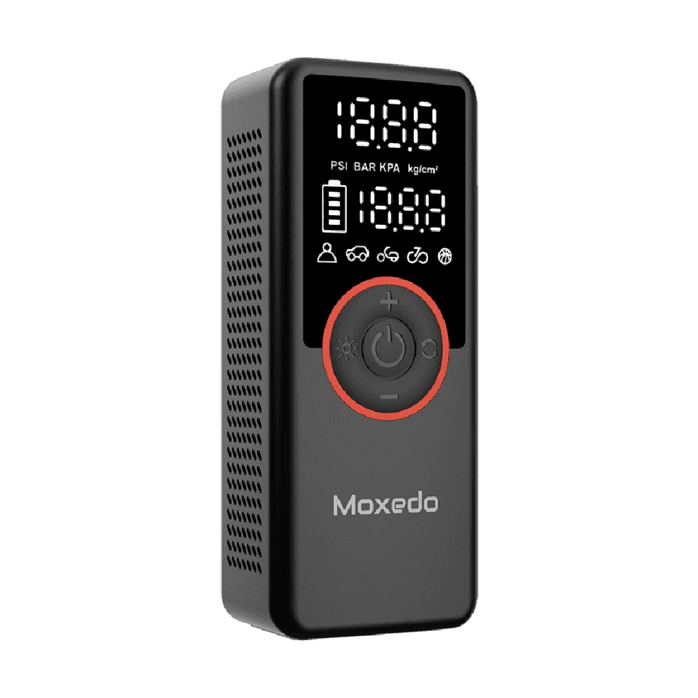 Moxedo Tirego Portable Smart Tire Inflator 150 PSI with Digital Display, Auto Shut-Off, Built-in LED Light, 3 Nozzles, Rechargeable USB-C Air Compressor, Black, MX-STI003